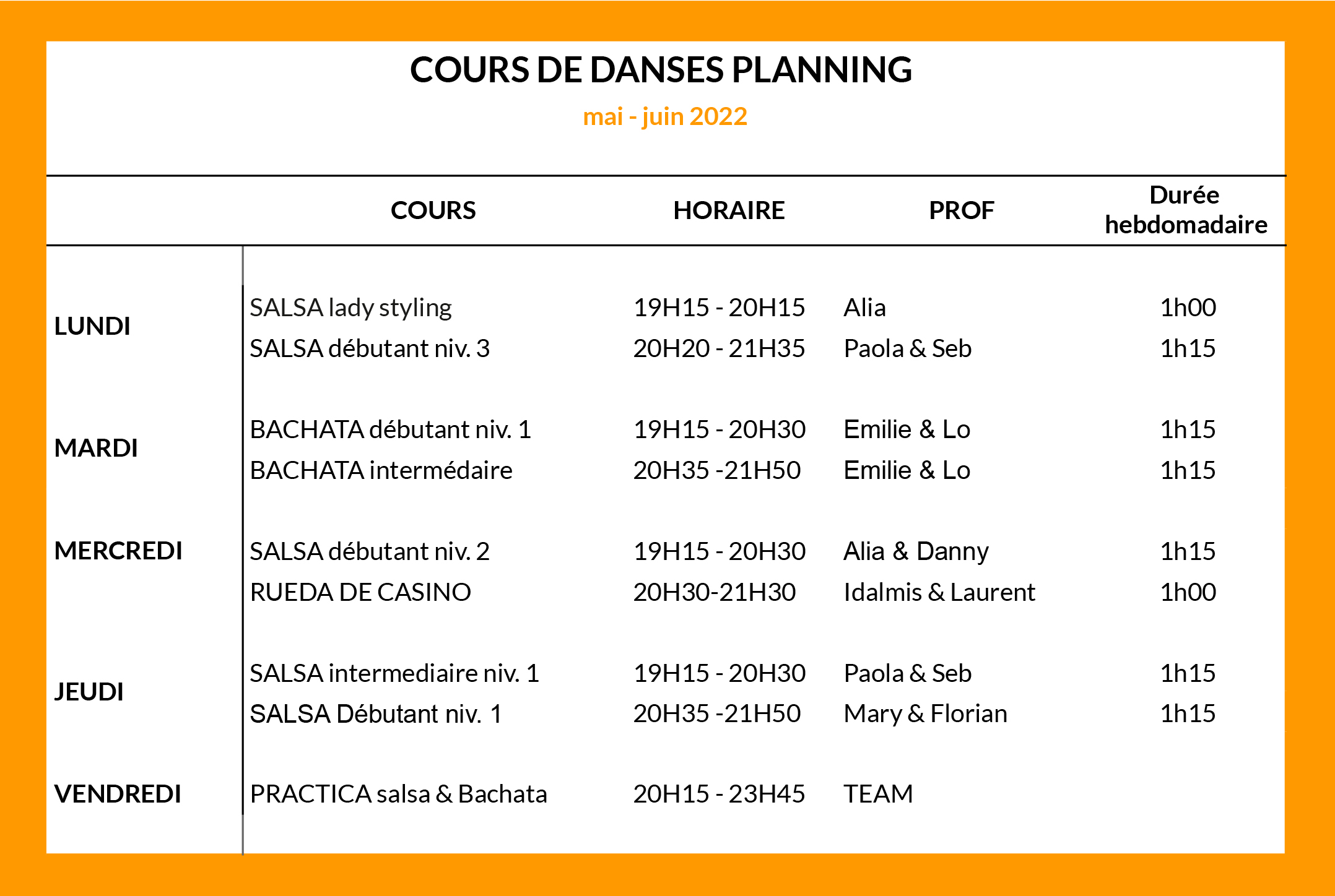 Horaire cours de danse Septembre 2021-2022